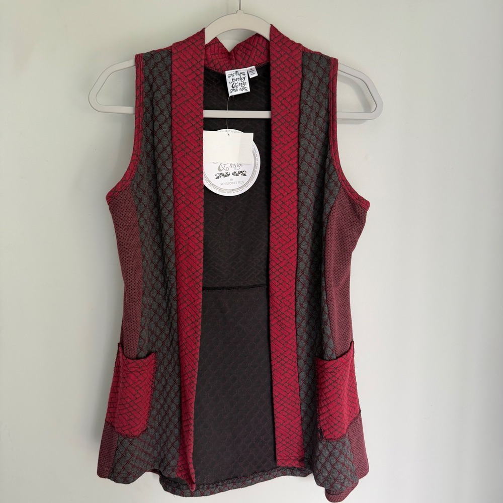 NEW Parsley & Sage Sleeveless Vest Red Gray Pockets Open Front Lagenlook S NWT